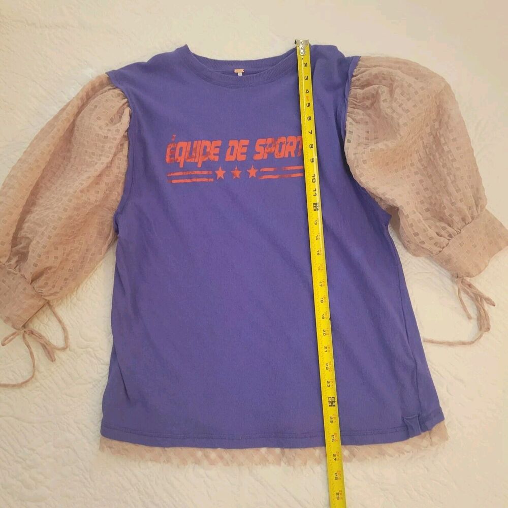 Free People Just Met Tee in‎ Sport Combo Purple Pink Ruffle Sleeves Small - Picture 9 of 14